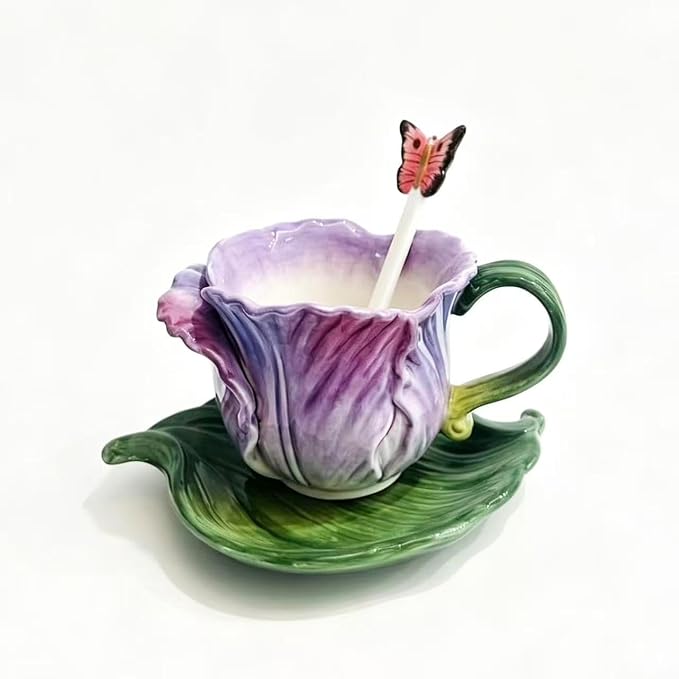 Ceramic Tea Cup and Saucer Set ，8OZ 3D Hand-Painted Flower Coffee Mug，Gift by Minigift