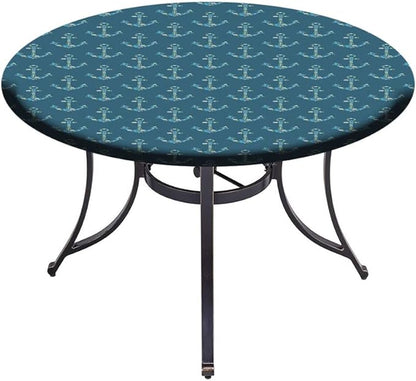Round Vinyl Fitted Tablecloth, Nautical Print Polyester Table Cloth, Anchors Maritime Theme Decor, Fit Round Tables 48inch Diameter, for Dinner Kitchen Party Decoration, Petrol Blue Beige