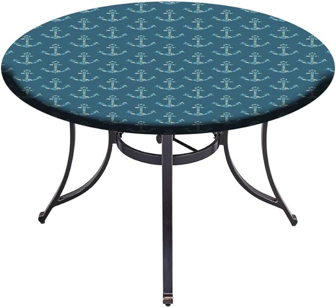 Small Round Tablecloth, Nautical Washable Polyester Table Cloth for, Anchors Maritime Theme Decor, Fit Round Tables 32inch Diameter, for Wedding Party Dining Banquet Use, Petrol Blue Beige