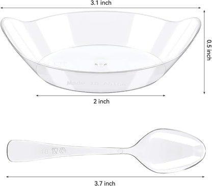 Kucoele 100 Pack Mini Dessert Plates, Small Clear Plastic Trays with Spoons Disposable Party Serving Plates for Appetizer, Dessert, Fruit