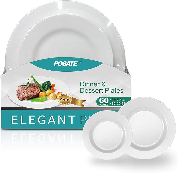 60PCS White Disposable Plastic Plates, Heavy Duty Plates by POSATE