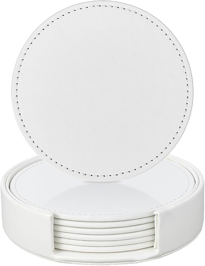 6PCS White PU Leather Cup Holders 4 Inch Leather Round Drink Coasters Spill - Image 6