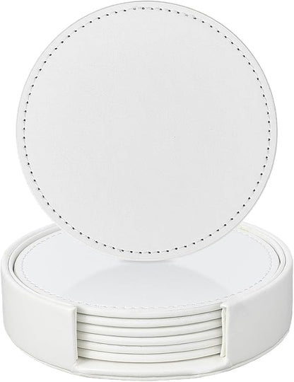 6PCS White PU Leather Cup Holders 4 Inch Leather Round Drink Coasters Spill - Image 6