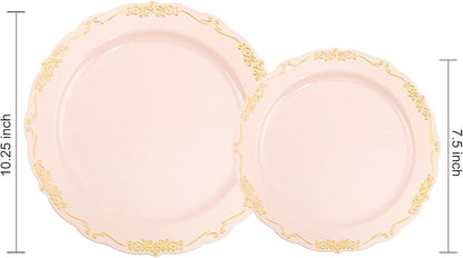 DaYammi 60 PCS Pink Gold Plastic Plates, Pink Disposable Plates with Gold Rim Include: 30 Dinner Plate, 30 Dessert Plate for Party, pink plastic plates with Vintage lace for Wedding