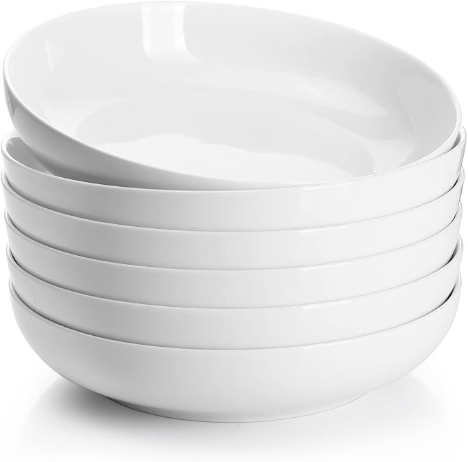 Sweese Large Salad Serving Bowls, 30 Ounce Porcelain White Pasta Plates Set of 6 by Sweese