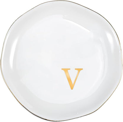 ProCase Ceramic Jewelry Tray, Initial Ring Dish Trinket Plate Engagement Gift, Small Personalized Monogram Ring Bowl for Wedding, White Decorative Jewelry Holder for Women Vanity -LetterV