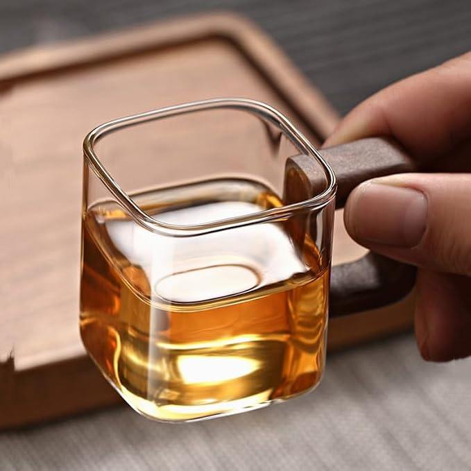 Square Glass Cups with Wooden Handle, Transparent Tea Glasses - Image 7