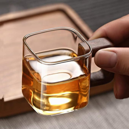 Square Glass Cups with Wooden Handle, Transparent Tea Glasses - Image 7
