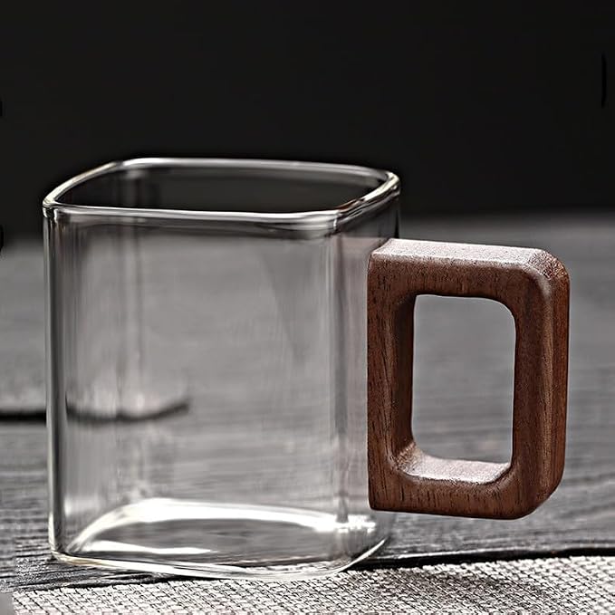 Square Glass Cups with Wooden Handle, Transparent Tea Glasses - Image 8