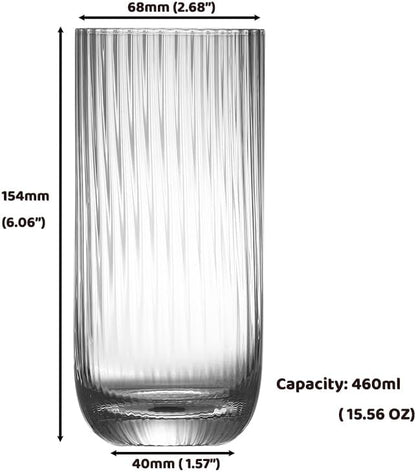 Collins Glasses Set of 6,Highball Glass Set, 15.3 oz, Clear Ribbed Design for Water, Cocktails, Mojito