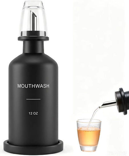 Glass Mouthwash Dispenser for Bathroom, Stainless Steel & Bamboo Nozzle by BONLONG