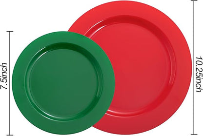 Rubtlamp 60 Pcs Plastic Christmas Plates, Heavy Duty Plastic Plates, Red Green Disposable Plate, 30 Red Dinner Plate And 30 Green Dessert Platos for Chrismas Party, Gatherings, Celebrations
