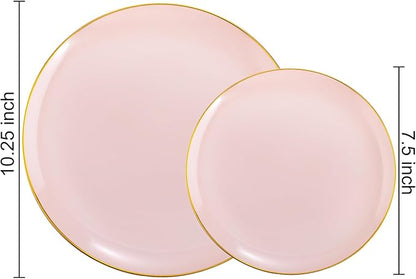 PULOTE 100PCS Pink Plastic Plates - Heavy Duty Pink and Gold Disposable for Party, Wedding, Valentines & Galentines Day, Include 50 Each (Dinner & Dessert) Plates