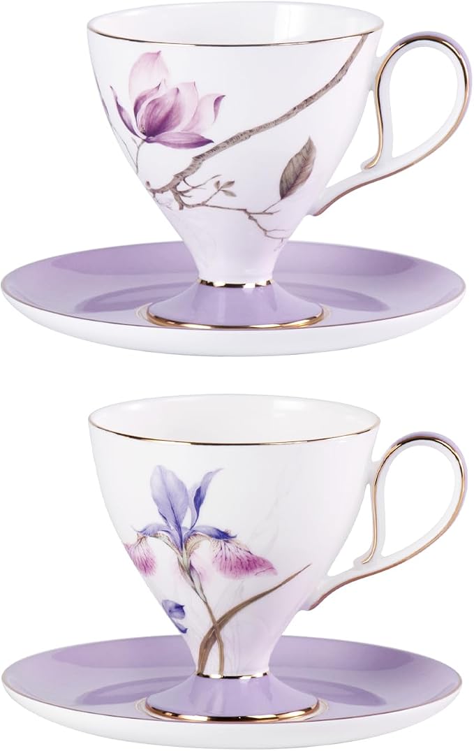 KAMMAK Ceramic Coffee Cups Saucers Set of 2, Porcelain Espresso Cups by KAMMAK