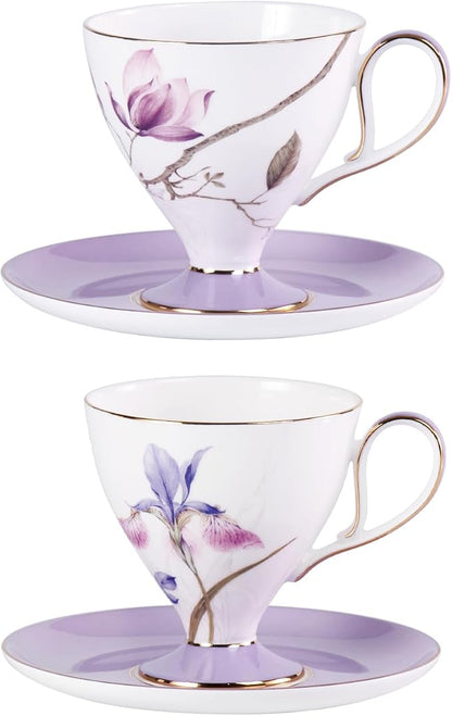 KAMMAK Ceramic Coffee Cups Saucers Set of 2, Porcelain Espresso Cups by KAMMAK