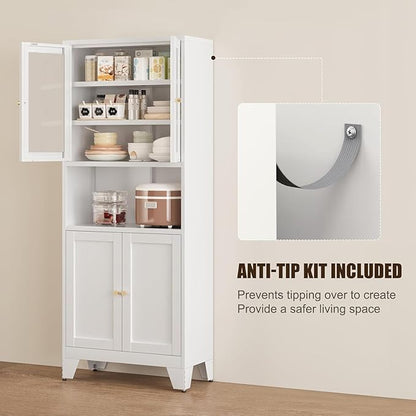 Metal Pantry Storage Cabinet with 2 Glass Doors, 69" Tall Kitchen Pantry Cabinet with 4 Doors & 3 Adjustable Shelves, Microwave Stand for Kitchen, Dining Room, Living Room (1PC,White)