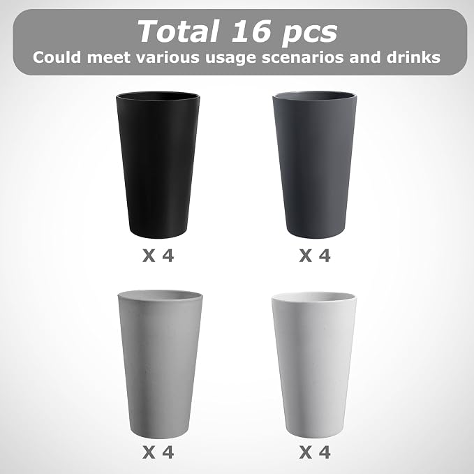 HEYCOME Set of 16 Wheat Straw Cups, Reusable Plastic Cups Sets, Water Glasses - Image 3