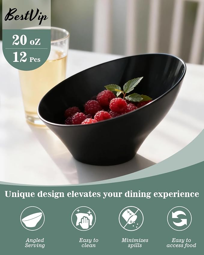 BESTVIP 20 Oz Black Plastic Angled Serving Bowls, 12 Pack | Disposable Bowls - Image 6