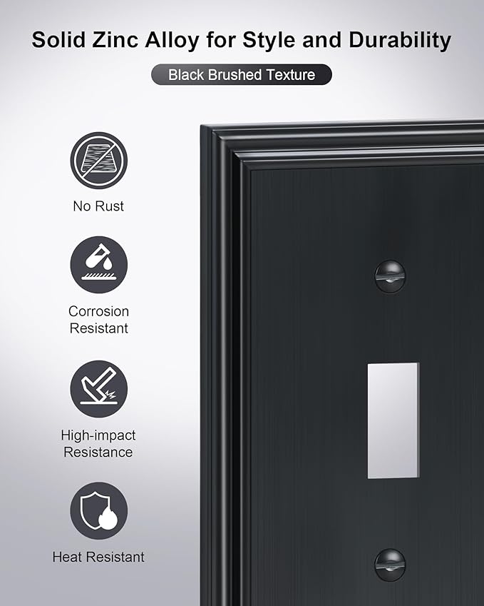 2-Pack Quad Toggle Light Switch Cover Plate, Durable Zinc Alloy Decorative Switch Plate Covers, Black 4 Gang Wall Plate for Toggle Light Switch and Rotary Dimmer Switch