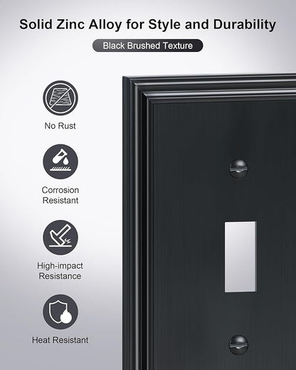 2-Pack Quad Toggle Light Switch Cover Plate, Durable Zinc Alloy Decorative Switch Plate Covers, Black 4 Gang Wall Plate for Toggle Light Switch and Rotary Dimmer Switch
