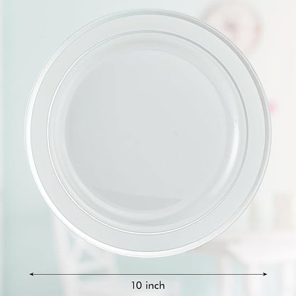 Vplus 100 Piece 10 Inch Silver Plastic Plates Disposable, Heavy Duty White Elegant Durable Dinner Plastic Party Plates with Silver Rim Perfect for Party Christmas