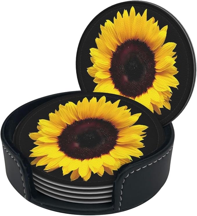 6 Pcs Black Farmhouse Blossom Sunflower Leather Coasters - Image 2