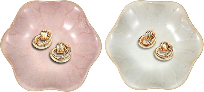 uxcell 2Pcs Ceramics Jewelry Plate, Lotus Leaf Shape Key Holder Bowl for Entryway Table Decor Small Ring Tray Dish Gift for Women Girlfriend, Pink/White