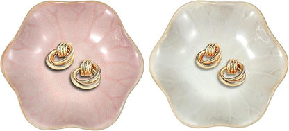uxcell 2Pcs Ceramics Jewelry Plate, Lotus Leaf Shape Key Holder Bowl for Entryway Table Decor Small Ring Tray Dish Gift for Women Girlfriend, Pink/White