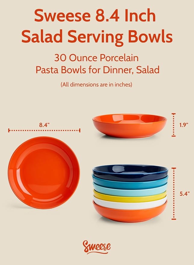 Sweese Pasta Bowls, 30 Ounce Salad Serving Bowls Set of 6, 8.4 Inch Porcelain - Image 2