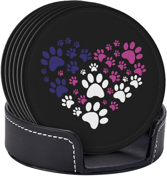 6 Pcs Cat Dog Paw Prints Heart Leather Coasters - Image 3