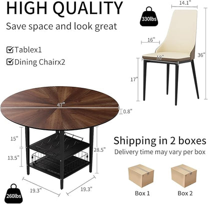 VFK 47" Round Kitchen Table Set with Storage Base & Metal Legs, 5-Piece Wooden Dining Set for 4 to 6 People, Includes 4 Upholstered Chairs for Dining Room, Living Room or Kitchen