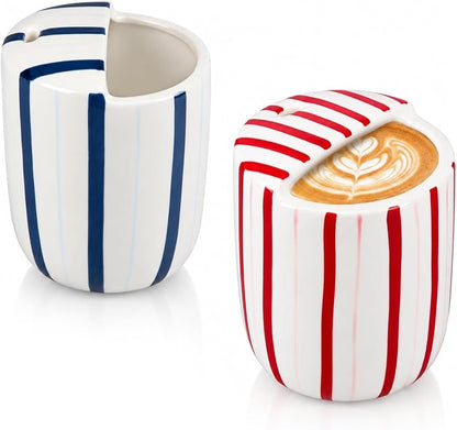 2 Pcs Ceramic Mug with Sip Hole 10 oz Deep Blue Red Striped Ceramic Coffee Mug by Ferrochef