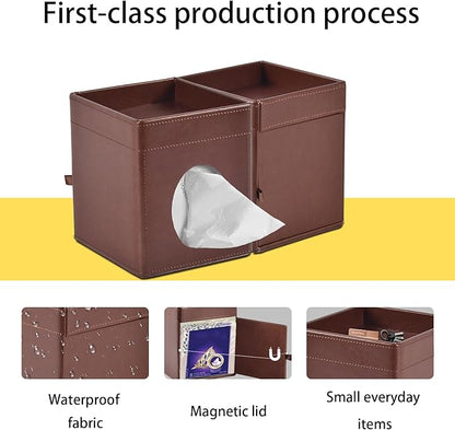 Tissue Box Cover Square Tissue Box Holder PU Leather Facial Tissues Organizer with Storage Tray for Bathroom Vanity Bedroom Office Car,Stylish Napkin Caddy Decorative Organizer (Brown)