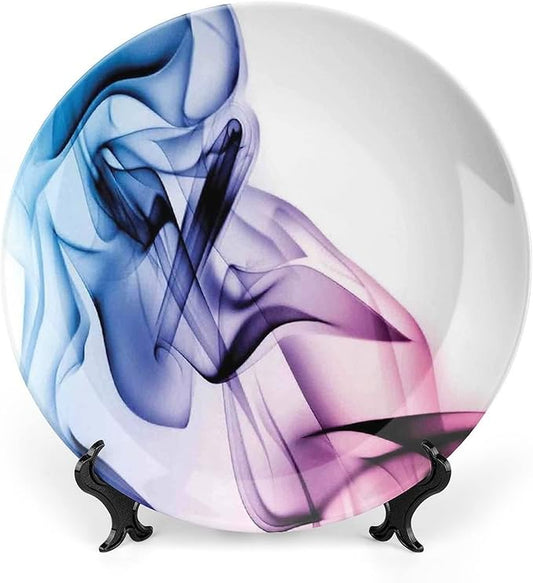 Decorative Plates, Abstract Decor Print Ornament, Colorful Smoke Dynamic Flow Swirl Contemporary, 7 Inch, 1 Plate with 1 Display Stand, Fuchsia Blue