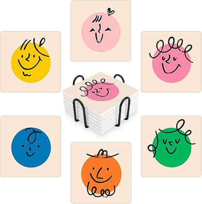 MAYCARI Cartoon Colorful Face Coasters Set of 6 Cork Backed Cute Coasters with Metal Holder Original Ceramic Surface Drink Cup Mats for Tabletop Protection Modern Desk Decoration Birthday Gifts