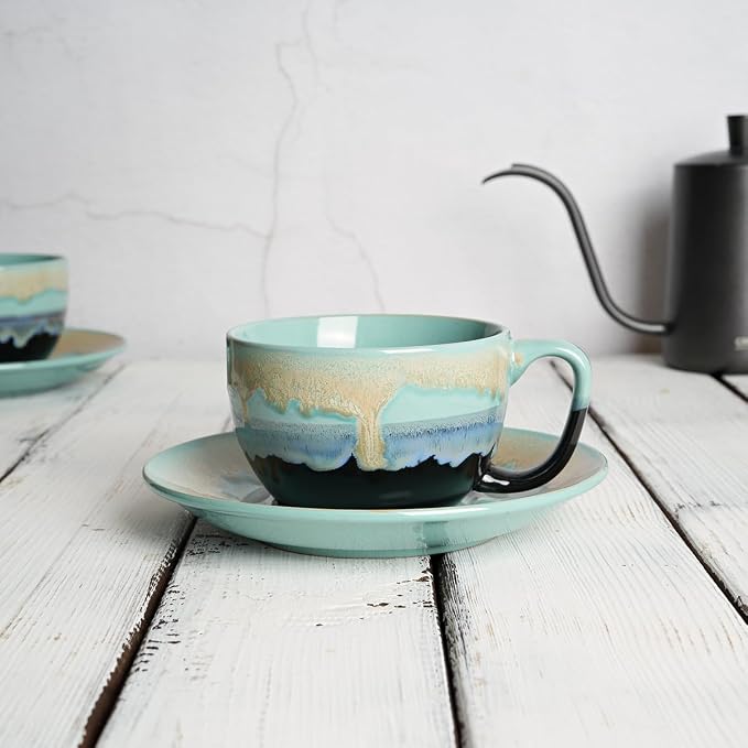 Bosmarlin Ceramic Cappuccino Cup and Saucer Set of 2, 10 Oz, Dishwasher and - Image 4