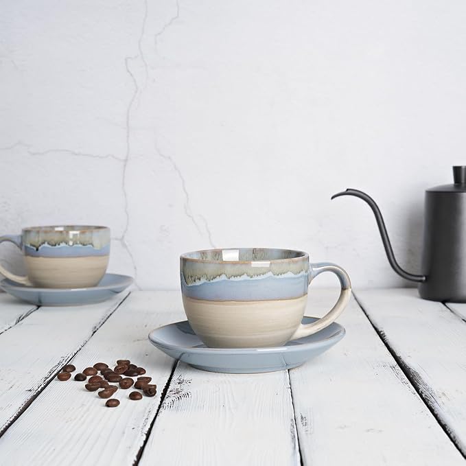 Bosmarlin Ceramic Cappuccino Cup and Saucer Set of 2, 10 Oz, Coffee Cups - Image 4
