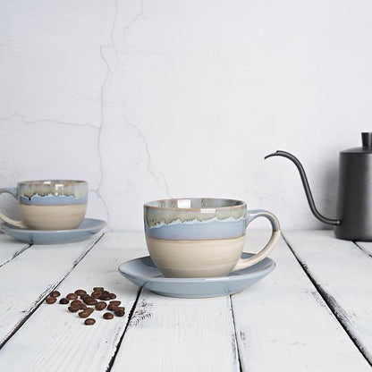 Bosmarlin Ceramic Cappuccino Cup and Saucer Set of 2, 10 Oz, Coffee Cups - Image 4