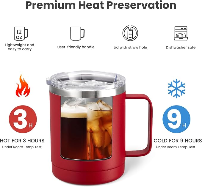 MEWAY 12oz Coffee Mug With Handle and Sliding Lid, Stainless Steel Travel - Image 3