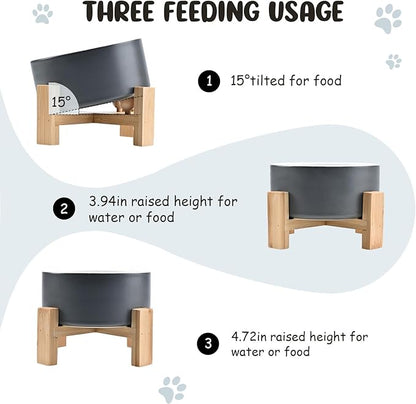 SPUNKYJUNKY 15° Slanted Ceramic Dog and Cat Bowl with Wooden Stand, Tilted Bulldog Food and Water Bowl No Slip Non-Spill for Cats Medium Dogs Big Face Pets 28.7 OZ (3.6 Cups, White-Grey)