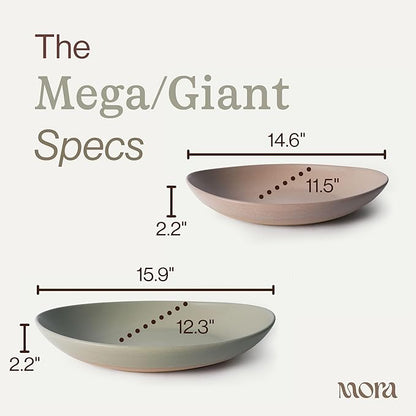 MORA Mega and Giant Serving Dishes Set of 2, 16 inch and 14 inch Ceramic Pottery Oval Platters - Microwave, Oven and Dishwasher Safe - Thyme & Mushroom