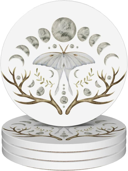 Drinks Coasters Set of 4, Luna Moth Round 4" Cup Coasters, Absorbent Ceramic Stone Coasters with Cork Base, Cute Coasters for Table Home Décor, Ideal Gifts for Women Men