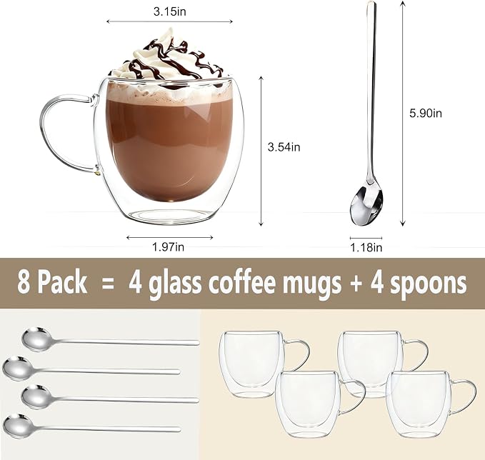 DINGPAI 4 Pack Double Wall Glass Coffee Mugs, 8oz Borosilicate Glass Mug | - Image 2