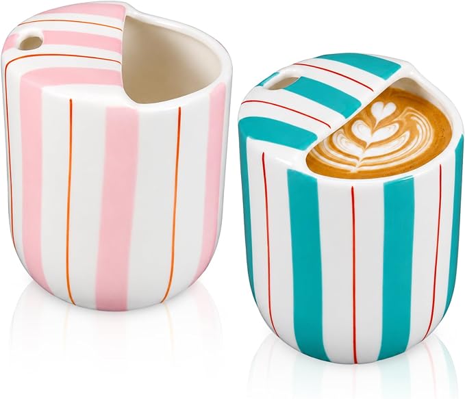 2 Pcs Ceramic Mug with Sip Hole 10 oz Pink Turquoise Striped Ceramic Coffee Mug by Ferrochef