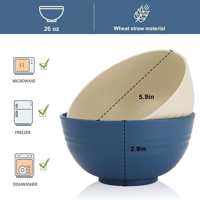 26 oz Wheat Straw Bowls, Unbreakable Cereal Bowls Set of 6, Microwave & - Image 2