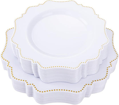 COLOSUS 60pcs Disposable Plastic Plates Set, Gold White Party Plates, 30pcs Dinner Plates and 30pcs Salad/Dessert Plates for Wedding, Party, Anniversary, Daily Use,New Year