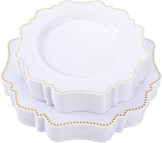 COLOSUS 60pcs Disposable Plastic Plates Set, Gold White Party Plates, 30pcs Dinner Plates and 30pcs Salad/Dessert Plates for Wedding, Party, Anniversary, Daily Use,New Year