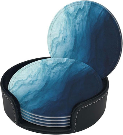 6 Pcs Blue Modern Art Leather Coasters - Image 2