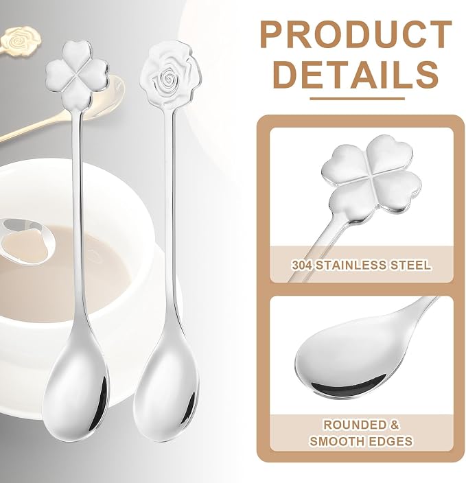 PATIKIL 4pcs Coffee Spoons, Rose/Four Leaf Grass Tea Spoons 304 Stainless Steel - Image 3
