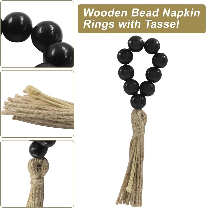 Wood Bead Napkin Rings with Tassel, Boho Party Decor, Jute Farmhouse Decor - Image 3
